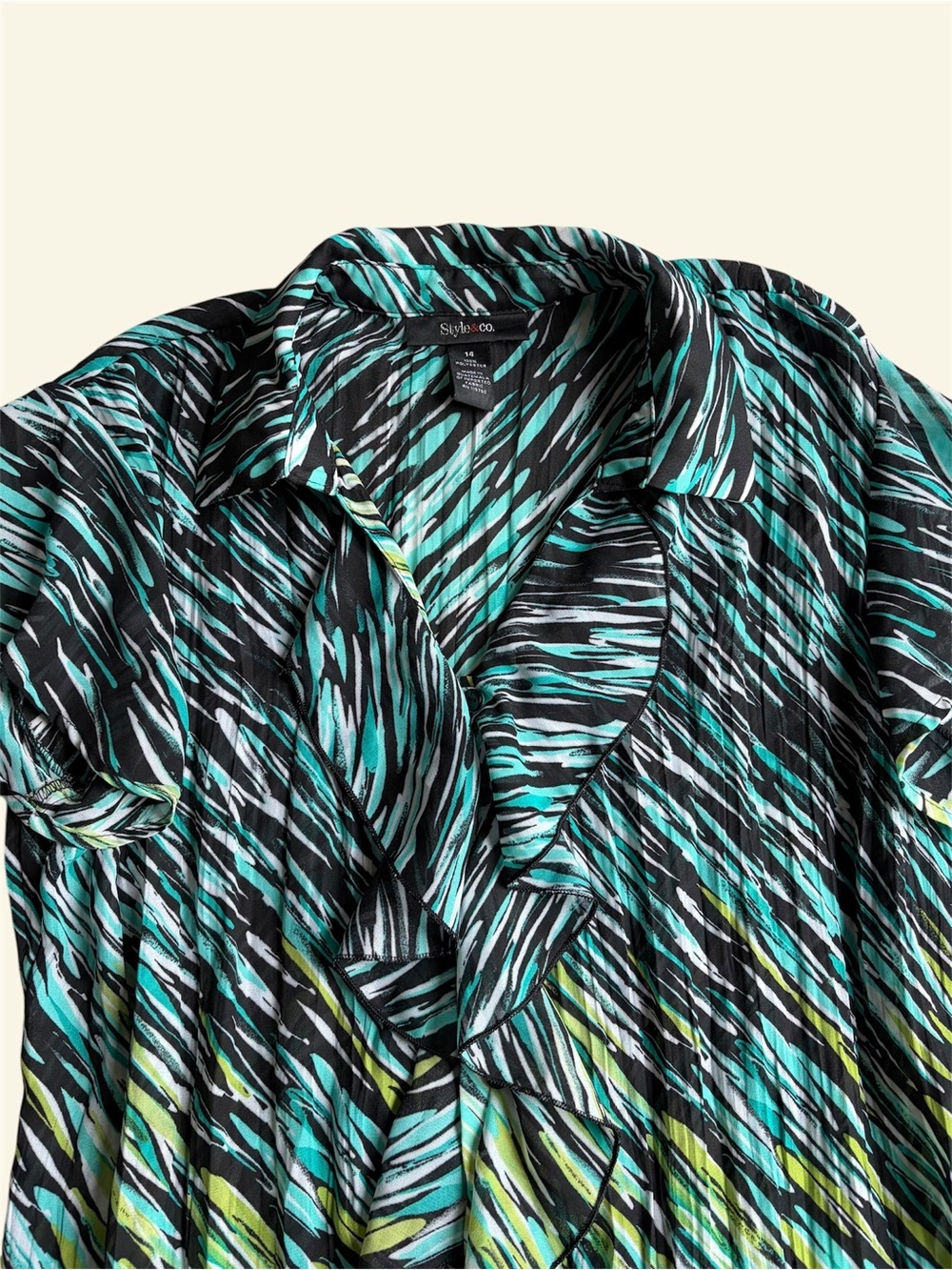 Style & Co Vintage Y2K Teal Green Abstract Ruffle V-Neck Pleated Blouse Size 14 - Picture 4 of 8